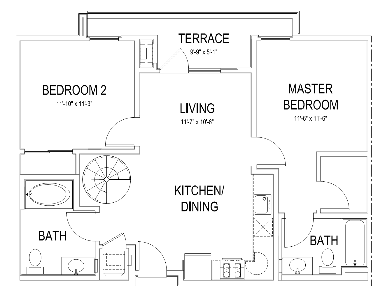 Floor plan for 2 beds, 2 baths, 1024 sqft
